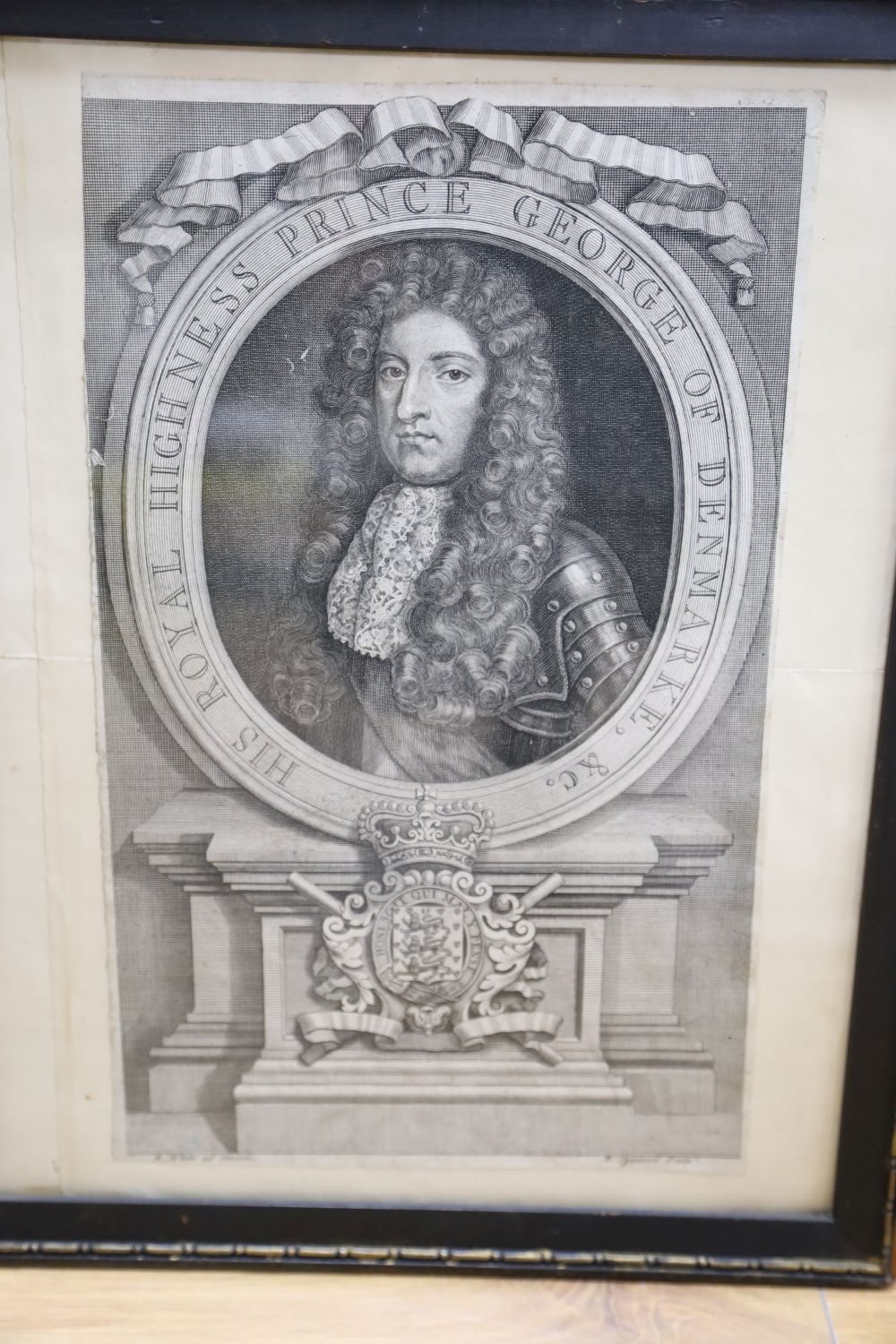 Six assorted antique engravings, Portraits of William Pitt, Oliver Cromwell, Robert Lloyd Raymond, Prince George of Denmark, Sir